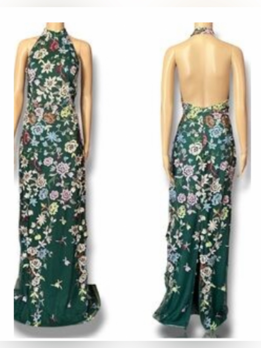 Lulus  Forest Green 3D Floral Halter Evening Dress EUC - Picture 2 of 2